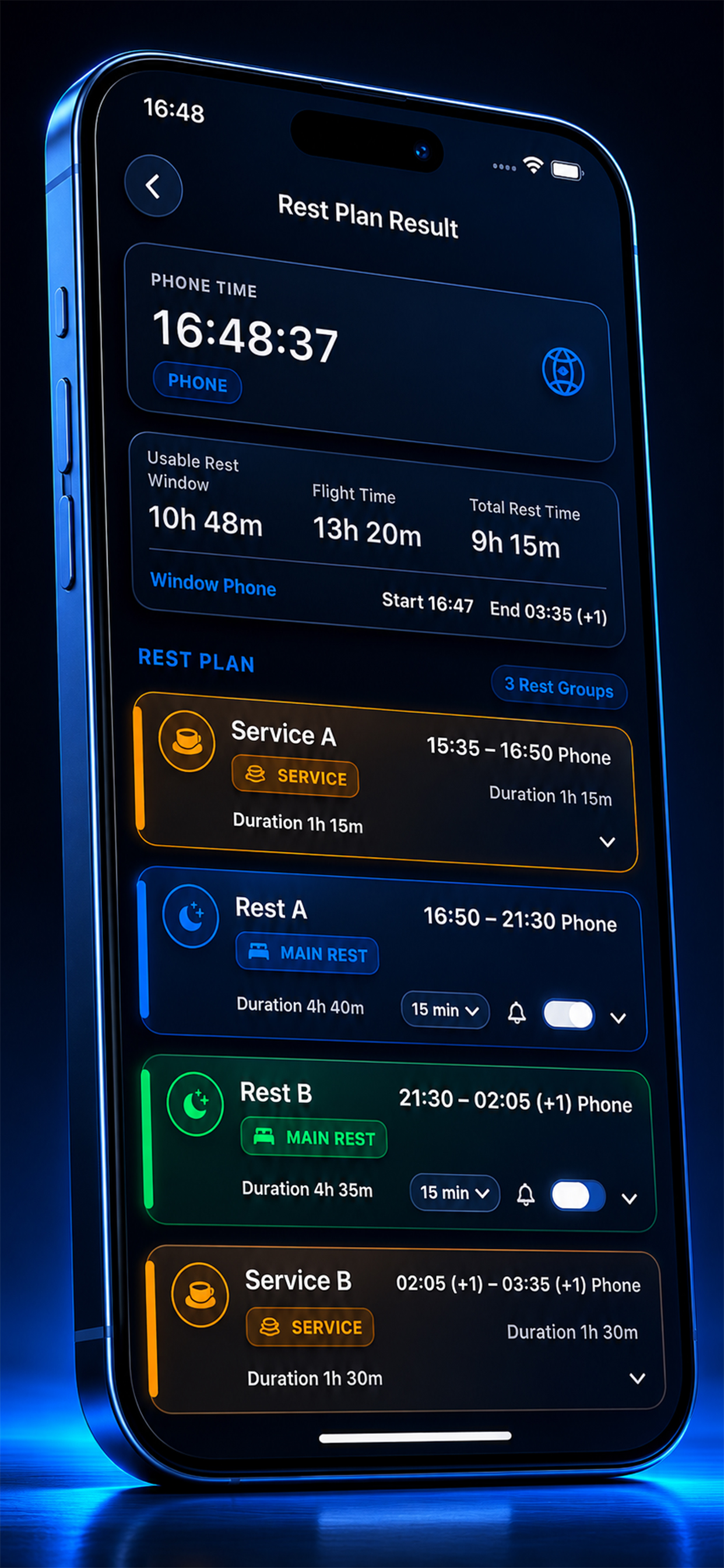 Cabin rest plan result screen
