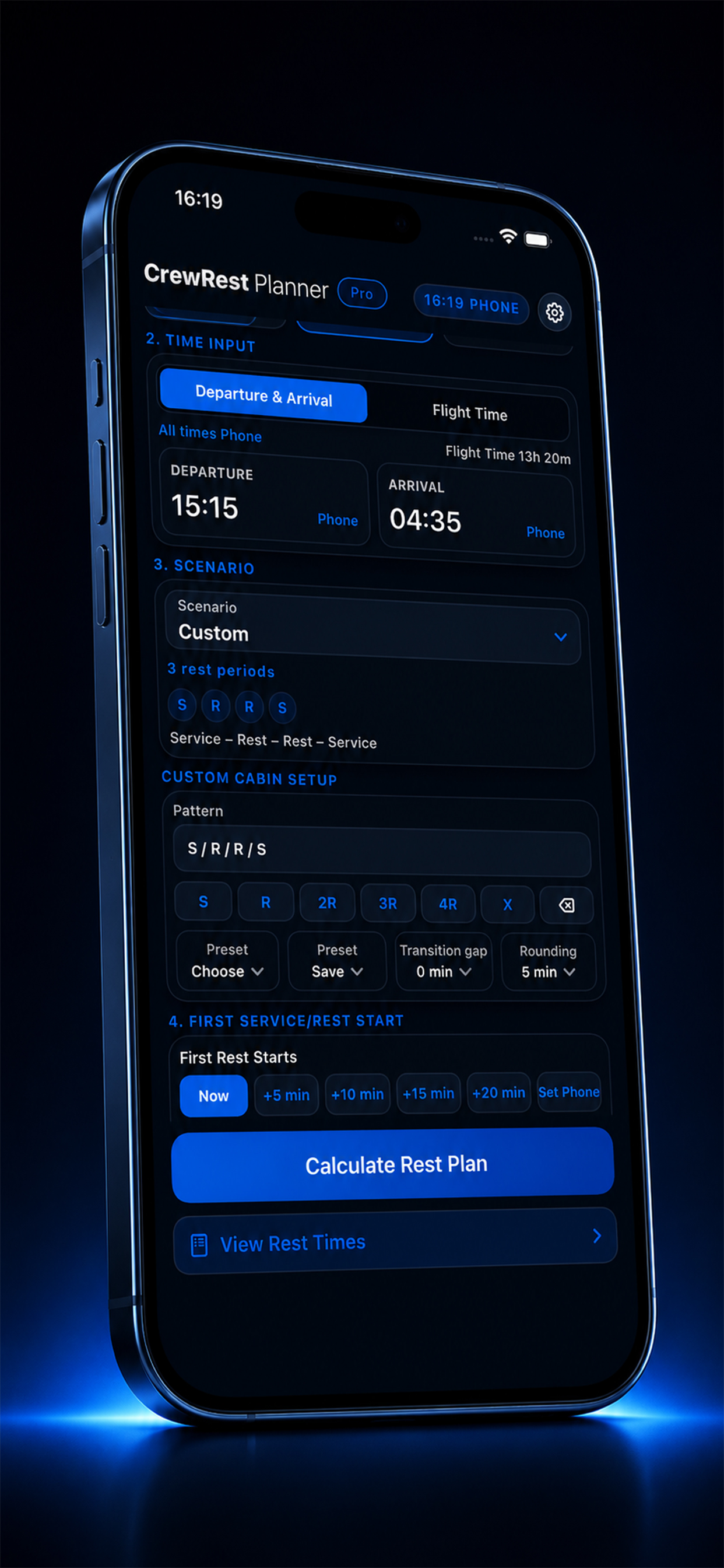 Cabin setup time input and custom pattern screen