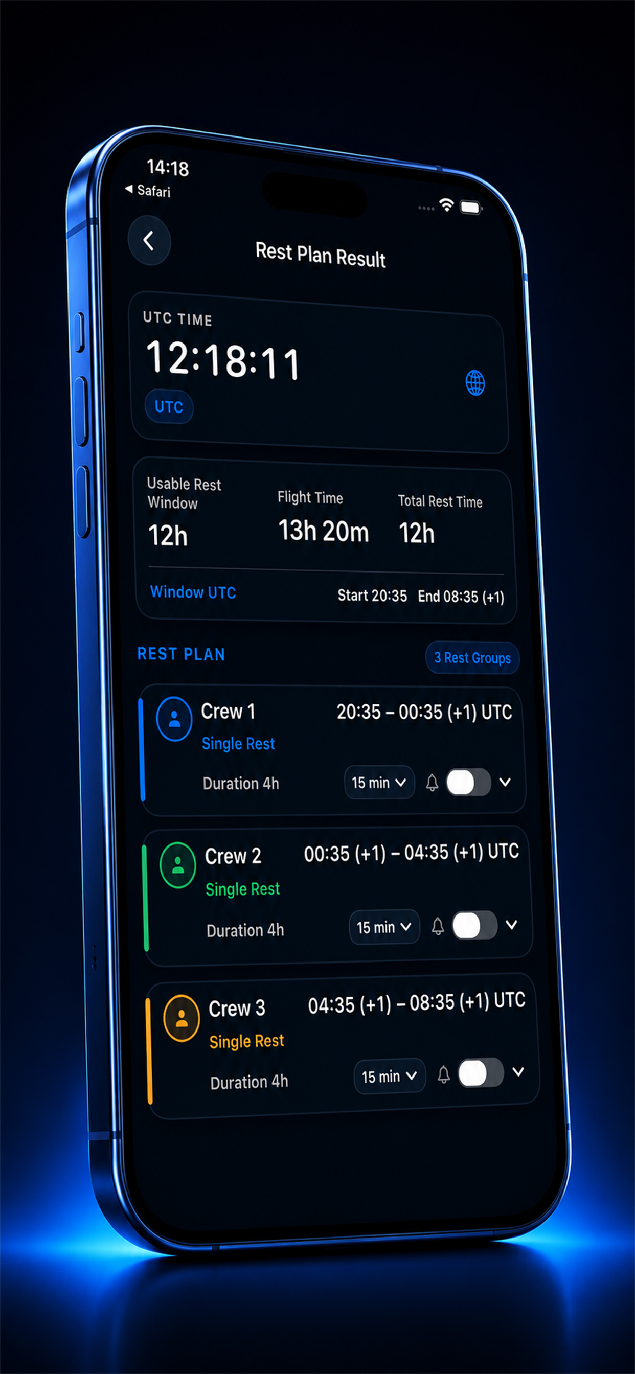 Cockpit rest plan result screen
