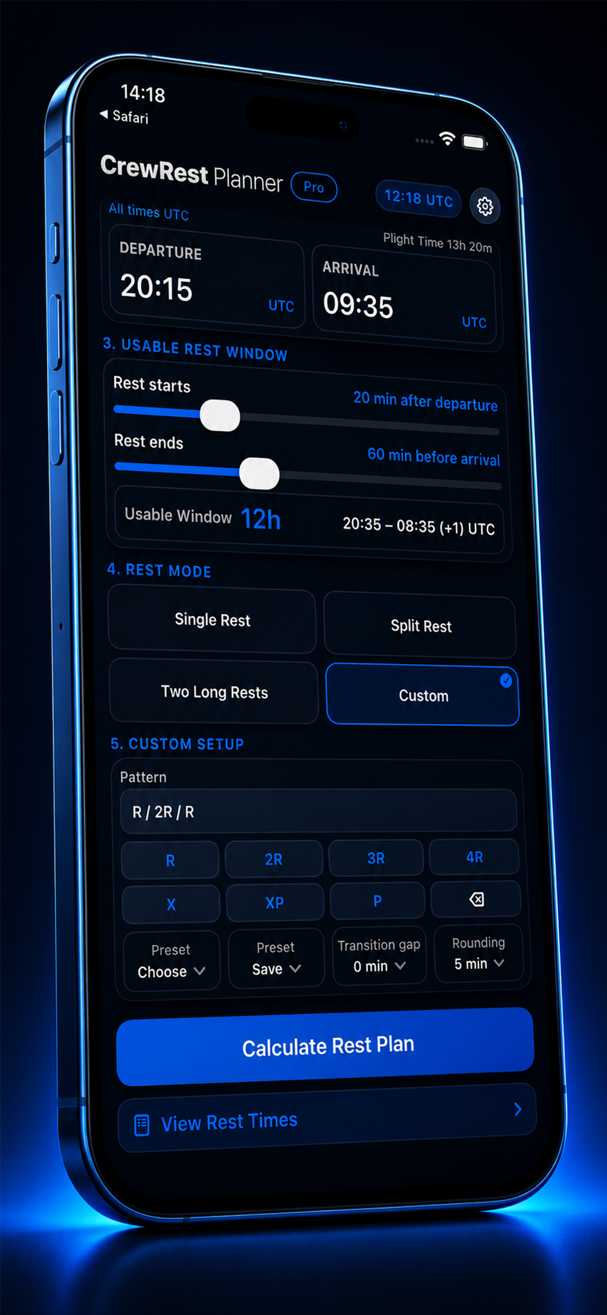 Cockpit rest planner setup screen