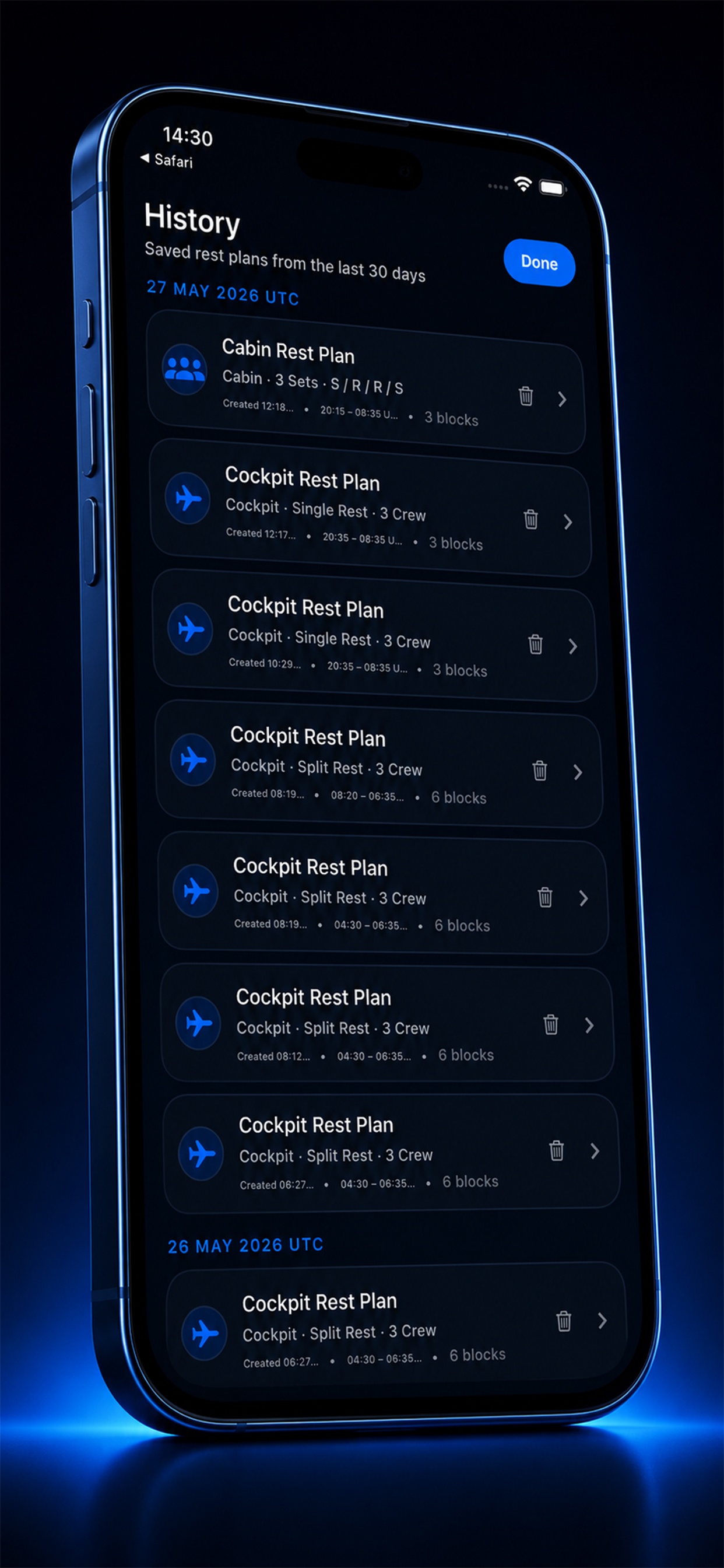 Saved rest plan history screen