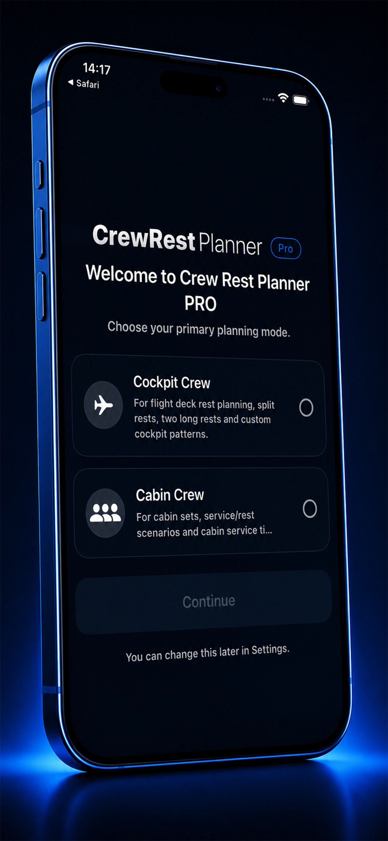CrewRest Planner Pro mode selection on iPhone