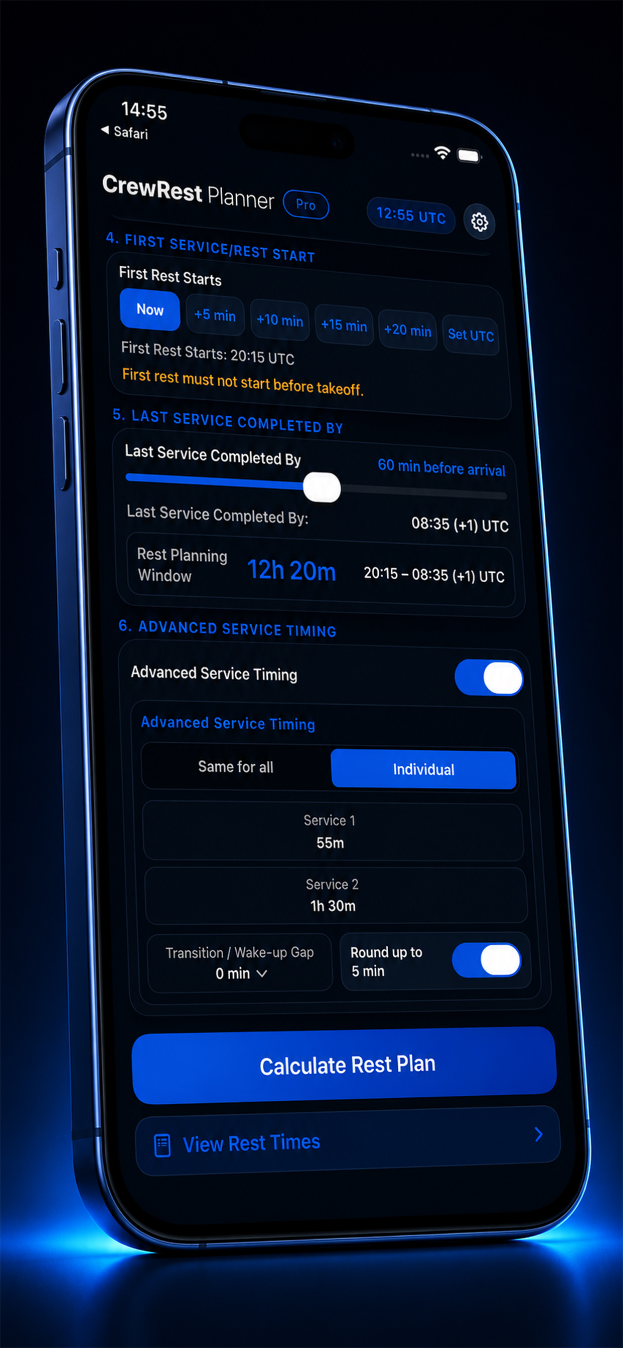 Advanced service timing setup screen